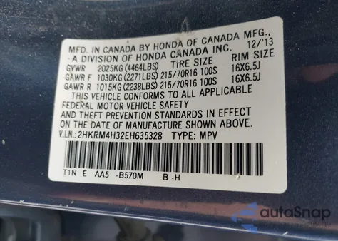 2014 Honda Cr-V Lx из США, поврежденный, VIN 2HKRM4H32EH635328